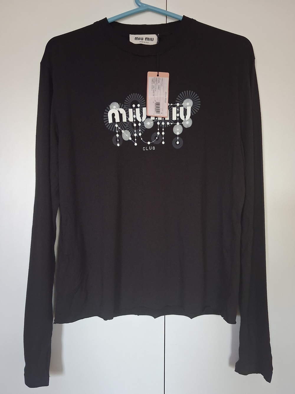 Miu Miu Black Long-Sleeve Graphic Tee with White Logo